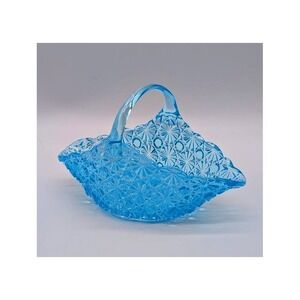 Vintage Blue Daisy and Button Glass Basket Candy Dish Easter Spring Handle USA